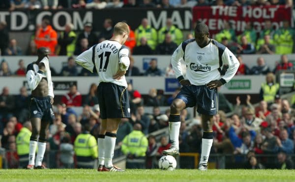 MANCHESTER, ENGLAND - Saturday, April 5, 2003: Liverpool's Stephen Gerrard and Emile Heskey kick-off 2-0 down to Manchester United during the Premiership match at Old Trafford. (Pic by David Rawcliffe/Propaganda)