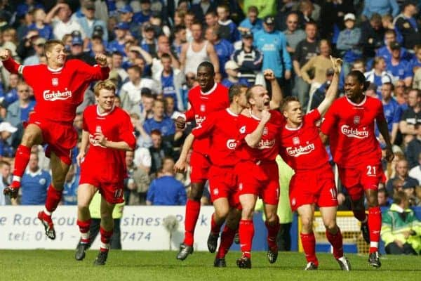 LIVERPOOL, ENGLAND - Saturday, April 19, 2003: Liverpool's goalscorer Michael Owen (r) leads his team's celebrations after scoring against Everton during the Merseyside Derby Premiership match at Goodison Park. L-R: Steven Gerrard, John Arne Riise, Emile Heskey, Danny Murphy, Salif Diao. (Pic by David Rawcliffe/Propaganda)