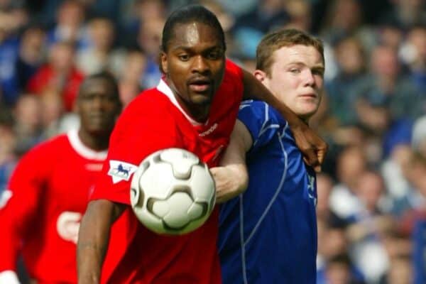 LIVERPOOL, ENGLAND - Saturday, April 19, 2003: Liverpool's Salif Diao and Everton's Wayne Rooney during the Merseyside Derby Premiership match at Goodison Park. (Pic by David Rawcliffe/Propaganda)