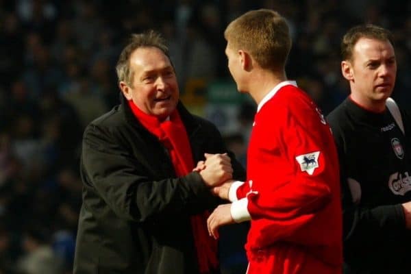 LIVERPOOL, ENGLAND - Saturday, April 19, 2003: Liverpool's manager Ge?rard Houllier celebrates a 2-1 victory over Everton with captain Stephen Gerrard after the Merseyside Derby Premiership match at Goodison Park. (Pic by David Rawcliffe/Propaganda)