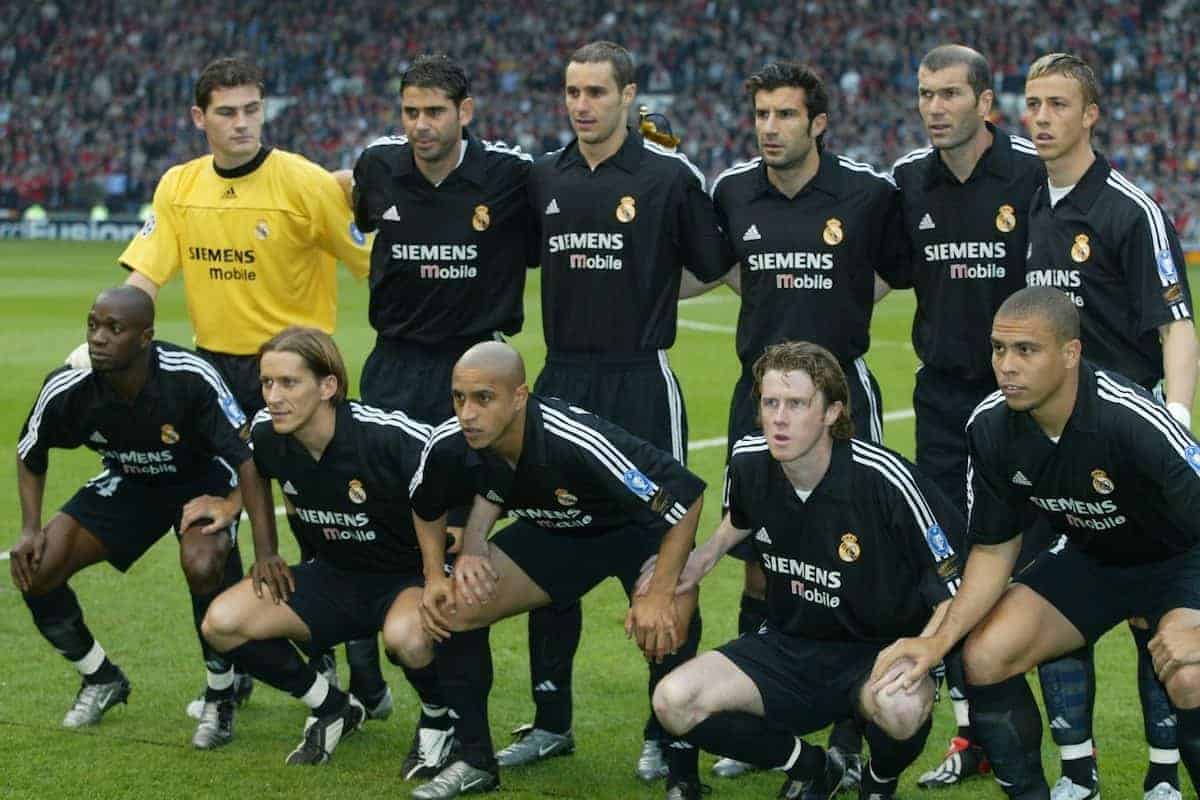 MANCHESTER, ENGLAND - Wednesday, April 23, 2003: Real Madrid line-up to face Manchester United before the UEFA Champions League Quarter Final 2nd Leg match at Old Trafford...Back row l-r: Iker Casillas, Fernando Hierro, Ivan Helguera, Luis Figo, Zinedine Zidane, Guti. Front row l-r: Claude Makelele, Michel Salgado, Roberto Carlos, Steve McManaman, Ronaldo.