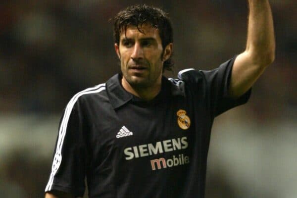 MANCHESTER, ENGLAND - Wednesday, April 23, 2003: Real Madrid's Luis Figo in action against Manchester United during the UEFA Champions League Quarter Final 2nd Leg match at Old Trafford. (Pic by David Rawcliffe/Propaganda)