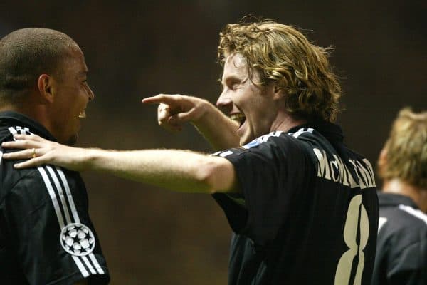 MANCHESTER, ENGLAND - Wednesday, April 23, 2003: Real Madrid's Ronaldo celebrates his hat-trick goal Manchester United with Steve McManaman during the UEFA Champions League Quarter Final 2nd Leg match at Old Trafford. (Pic by David Rawcliffe/Propaganda)