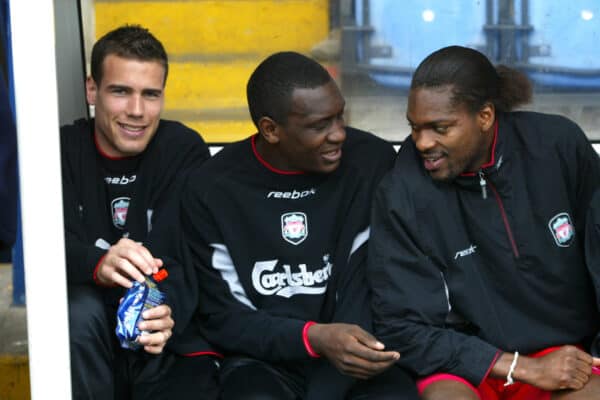 WEST BROMWICH, ENGLAND - Saturday, April 26, 2003: Liverpool's substitutes (l-r) Bruno Cheyrou, Emile Heskey and Salid Diao sit on the bench against West Bromwich Albion during the Premiership match at the Hawthorns. (Pic by David Rawcliffe/Propaganda)