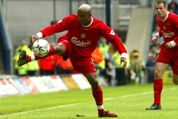 WEST BROMWICH, ENGLAND - Saturday, April 26, 2003: Liverpool's El-Hadji Diouf in action against West Bromwich Albion during the Premiership match at the Hawthorns. (Pic by David Rawcliffe/Propaganda)