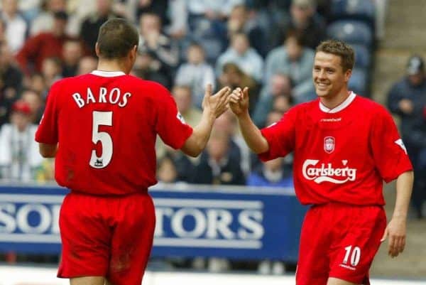 WEST BROMWICH, ENGLAND - Saturday, April 26, 2003: Liverpool's Michael Owen celebrates his second goal, the Reds' third, with Milan Baros as West Bromwich Albion's goalkeeper Russel Hoult looks on during the Premiership match at the Hawthorns. (Pic by David Rawcliffe/Propaganda)