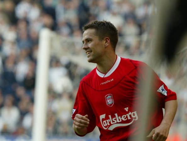 WEST BROMWICH, ENGLAND - Saturday, April 26, 2003: Liverpool's Michael Owen celebrates his fourth goal against West Bromwich Albion during the Premiership match at the Hawthorns. (Pic by David Rawcliffe/Propaganda)