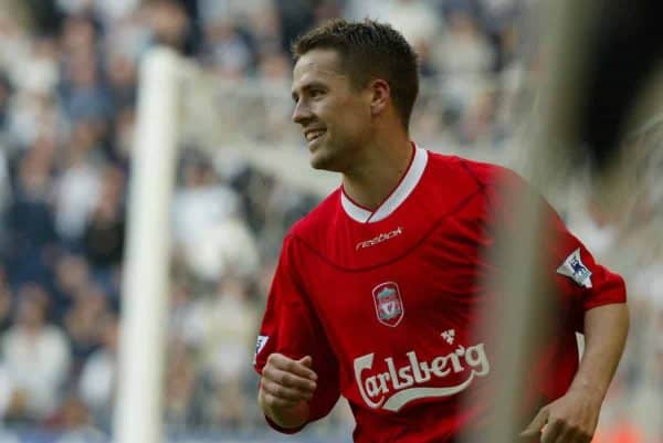 WEST BROMWICH, ENGLAND - Saturday, April 26, 2003: Liverpool's Michael Owen celebrates his fourth goal against West Bromwich Albion during the Premiership match at the Hawthorns. (Pic by David Rawcliffe/Propaganda)