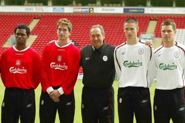 LIVERPOOL, ENGLAND - Thursday, July 10, 2003: Liverpool's manager Gerard Houllier with his new signings (L-R) Florent-Sinama Pongolle, Harry Kewell, Anthony Le Tallec and Steve Finnan at Anfield. (Pic by David Rawcliffe/Propaganda)