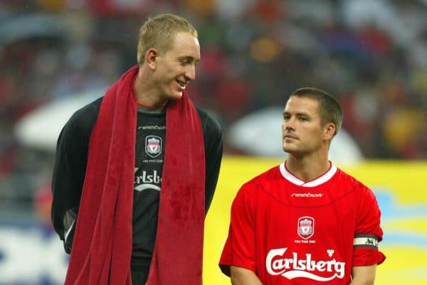 BANGKOK, THAILAND - Thailand. Thursday, July 24, 2003: Liverpool's captain Michael Owen and goalkeeper Chris Kirkland line up to face Thailand before a preseason friendly match at the Rajamangala National Stadium. (Pic by David Rawcliffe/Propaganda)