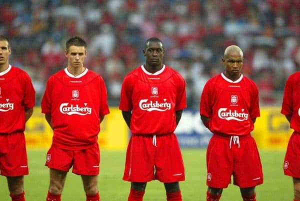 BANGKOK, THAILAND - Thailand. Thursday, July 24, 2003: Liverpool's (l-r) Anthony Le Tallec, Emile Heskey and El-Hadji Diouf line up to face Thailand before a preseason friendly match at the Rajamangala National Stadium. (Pic by David Rawcliffe/Propaganda)