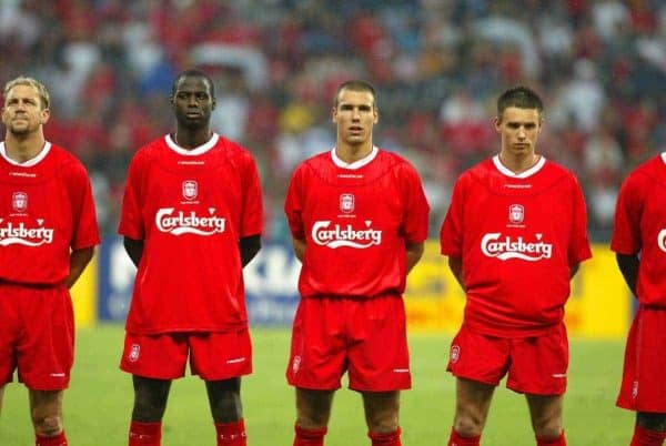 BANGKOK, THAILAND - Thailand. Thursday, July 24, 2003: Liverpool's (l-r) Djimi Traore, Bruno Cheyrou and Anthony Le Tallec line up to face Thailand before a preseason friendly match at the Rajamangala National Stadium. (Pic by David Rawcliffe/Propaganda)