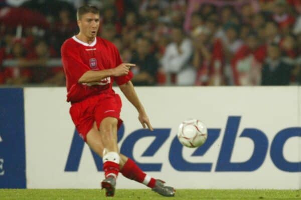 BANGKOK, THAILAND - Thailand. Thursday, July 24, 2003: Liverpool's Gregory Vignal in front of a Reebok ad board during a preseason friendly match at the Rajamangala National Stadium. (Pic by David Rawcliffe/Propaganda)