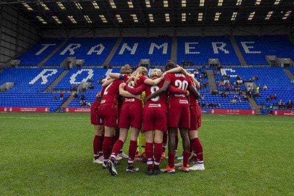 Liverpool FC Women team huddle before the WSL game at Prenton Park on October 14, 2018 in Birkenhead, England. (Photo by Nick Taylor/Liverpool FC/Liverpool FC via Getty Images)