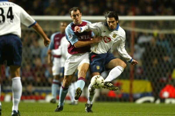 BIRMINGHAM, ENGLAND - Tuesday, January 6, 2004: Aston Villa's Gavin McCann and Portsmouth's Richard Hughes during the Premiership match at Villa Park. (Pic by David Rawcliffe/Propaganda)