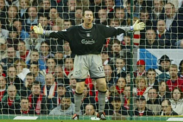 LIVERPOOL, ENGLAND - Saturday, January 10, 2004: Liverpool's new goalkeeper Paul Jones makes his debut against Aston Villa during the Premiership match at Anfield. (Photo by David Rawcliffe/Propaganda)