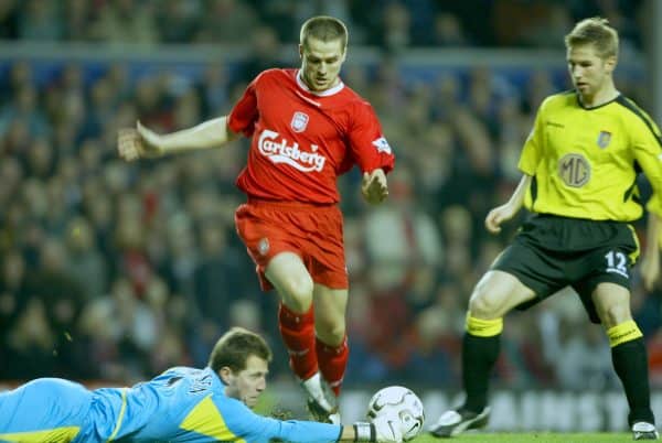 LIVERPOOL, ENGLAND - Saturday, January 10, 2004: Aston Villa's goalkeeper Thomas Sorensen saves at the feet of Liverpool's Michael Owen during the Premiership match at Anfield. (Photo by David Rawcliffe/Propaganda)