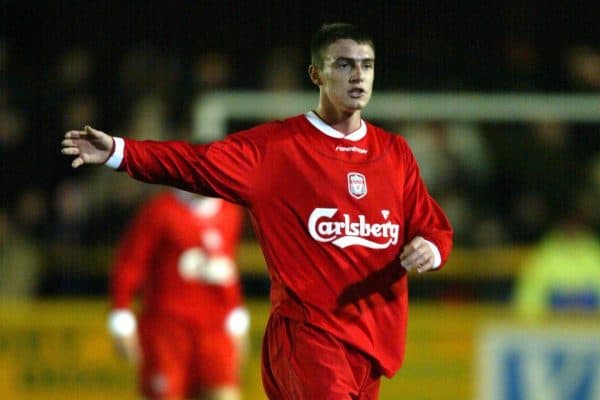 SOUTHPORT, ENGLAND - Tuesday, January 13, 2004: Liverpool's Darren Potter in action against Everton during the 'mini-Derby' Premier League reserve match at Haige Avenue. (Pic by David Rawcliffe/Propaganda)