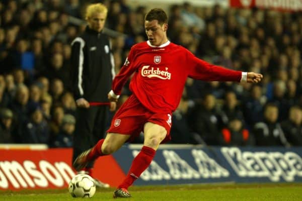 LONDON, ENGLAND - Saturday, January 17, 2004: Liverpool's Steve Finnan and Tottenham's Johnnie Jackson during the Premiership match at White Hart Lane. (Pic by David Rawcliffe/Propaganda)