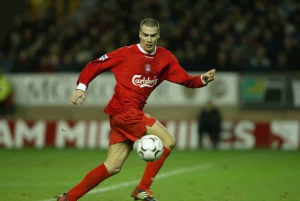 WOLVERHAMPTON, ENGLAND - Wednesday, January 21st, 2004: Liverpool's Bruno Cheyrou scores the first goal against against Wolverhampton Wanderers during the Premiership match at Molineux. (Pic by David Rawcliffe/Propaganda)