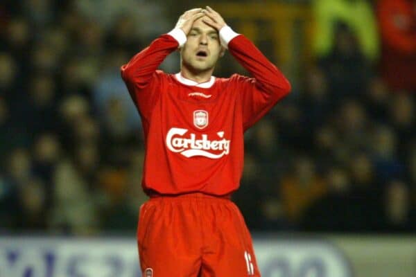 WOLVERHAMPTON, ENGLAND - Wednesday, January 21st, 2004: Liverpool's Danny Murphy rues a missed chance against Wolverhampton Wanderers during the Premiership match at Molineux. (Pic by David Rawcliffe/Propaganda)