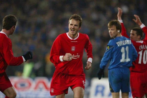 SOFIA, BULGARIA - Wednesday, March 3, 2004: Liverpool's Dietmar Hamann celebrates scoring the third goal against Levski Sofia during the UEFA Cup 4th Round 2nd Leg match at the Vasil Levski Stadium. (Pic by David Rawcliffe/Propaganda)