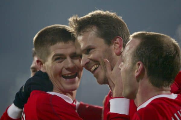 SOFIA, BULGARIA - Wednesday, March 3, 2004: Liverpool's Dietmar Hamann celebrates scoring the third goal against Levski Sofia with team-mate Steven Gerrard during the UEFA Cup 4th Round 2nd Leg match at the Vasil Levski Stadium. (Pic by David Rawcliffe/Propaganda)