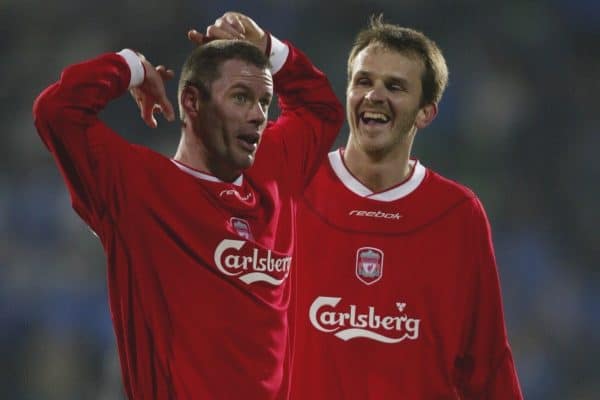 SOFIA, BULGARIA - Wednesday, March 3, 2004: Liverpool's Jamie Carragher and Dietmar Hamann celebrate beating Levski Sofia 4-2 during the UEFA Cup 4th Round 2nd Leg match at the Vasil Levski Stadium. (Pic by David Rawcliffe/Propaganda)