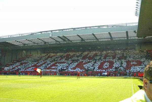LIVERPOOL, ENGLAND: Saturday, May 15, 2004: Liverpool fans make a mosaic on the Spion Kop before the final Premiership game of the season at Anfield. (Pic by David Rawcliffe/Propaganda)
