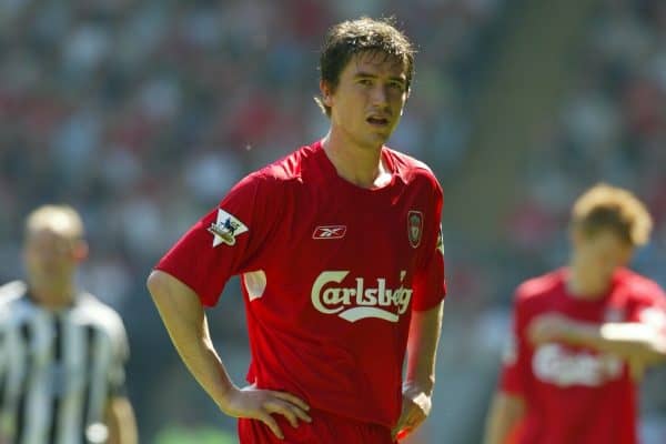 LIVERPOOL, ENGLAND: Saturday, May 15, 2004: Liverpool's Harry Kewell in action against Newcastle United during the final Premiership game of the season at Anfield. (Pic by David Rawcliffe/Propaganda)