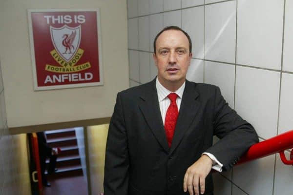 LIVERPOOL, ENGLAND - WEDNESDAY JUNE 16 2004: Rafael Benitez poses for a photograph with the famous 'This is Anfield' sign in the tunnel at Anfield as he is unveiled as Liverpool FC's new manager. (Photo by David Rawcliffe/Propaganda)