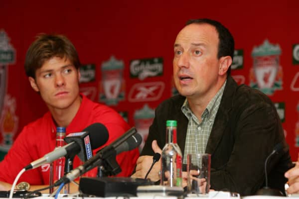 LIVERPOOL, ENGLAND - WEDNESDAY AUGUST 25th 2004: Liverpool's manager Rafael Benitez (r) with new Spanish signing Xabi Alonso at a press conference at Anfield. (Photo by David Rawcliffe/Propaganda)