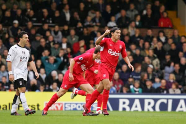 LONDON, ENGLAND - SATURDAY OCTOBER 16th 2004: Liverpool's Milan Baros celebrates scoring the first goal against Fulham during the Premiership match at Craven Cottage. (Photo by David Rawcliffe/Propaganda)