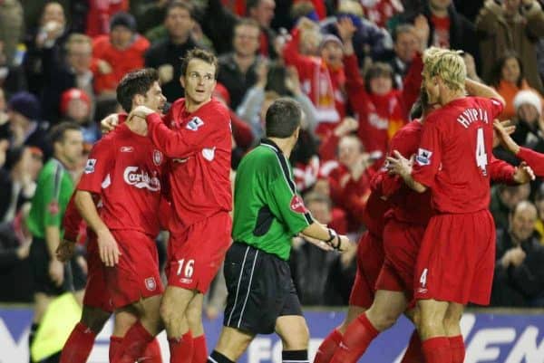 LIVERPOOL, ENGLAND- SUNDAY NOVEMBER 28th 2004: Liverpool's Xabi Alonso celebrates scoring the opening goal against Arsenal with Dietmar Hamann during the Premiership match at Anfield. (Pic by David Rawcliffe/Proparganda)