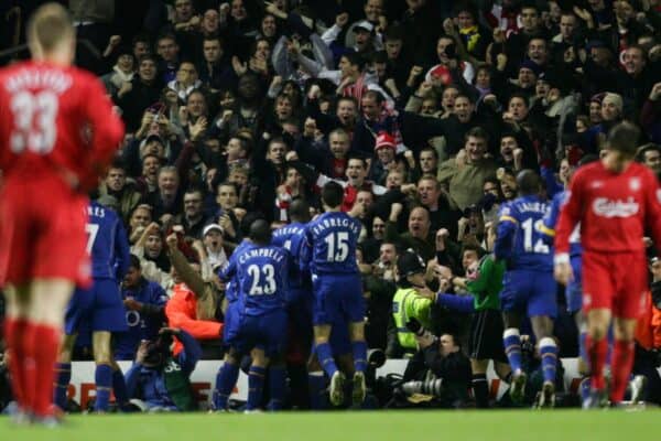 LIVERPOOL, ENGLAND- SUNDAY NOVEMBER 28th 2004: Arsenal players celebrate scoring goal the equaliser against Liverpool during the Premiership match at Anfield. (Pic by David Rawcliffe/Proparganda)