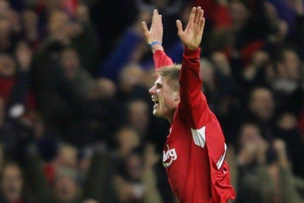 LIVERPOOL, ENGLAND- SUNDAY NOVEMBER 28th 2004: Liverpool's Neil Mellor celebrates scoring the winning goal in injury time against Arsenal during the Premiership match at Anfield. (Pic by David Rawcliffe/Proparganda)