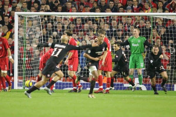 LIVERPOOL, ENGLAND- WEDNESDAY DECEMBER 8th 2004: Liverpool's Chris Kirkland looks shocked as Olympiakos' Rivaldo scores the opening goal during the UEFA Champions League Group A match at Anfield. (Pic by David Rawcliffe/Proparganda)