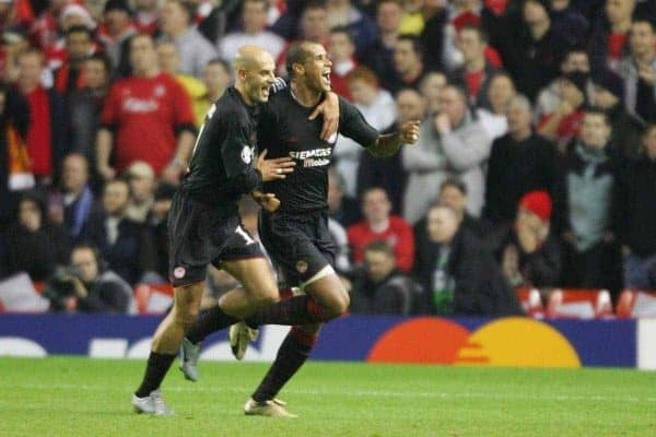 LIVERPOOL, ENGLAND- WEDNESDAY DECEMBER 8th 2004: Olympiakos' Rivaldo celebrates scoring the opening goal against Liverpool with his team mate Predrag Djordjevic (L) during the UEFA Champions League Group A match at Anfield. (Pic by David Rawcliffe/Proparganda)