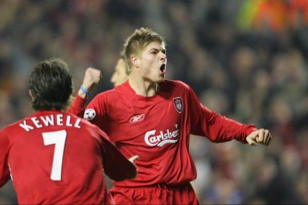 LIVERPOOL, ENGLAND- WEDNESDAY DECEMBER 8th 2004: Liverpool's Neil Mellor celebrates scoring the second goal against Olympiakos during the UEFA Champions League Group A match at Anfield. (Pic by David Rawcliffe/Proparganda)