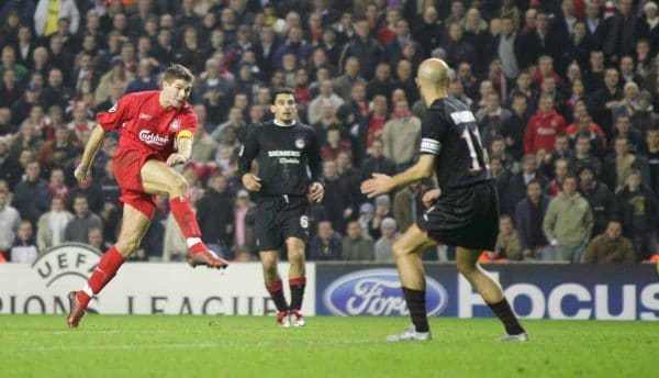 LIVERPOOL, ENGLAND- WEDNESDAY DECEMBER 8th 2004: Liverpool's Steven Gerrard scores the winning goal, and his side's third, against Olympiakos during the UEFA Champions League Group A match at Anfield. (Pic by David Rawcliffe/Proparganda)