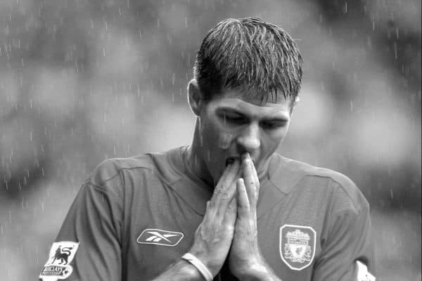 LIVERPOOL, ENGLAND - SATURDAY JANUARY 1st 2005: Liverpool's Steven Gerrard looks dejected after losing 1-0 to Chelsea during the Premiership match at Anfield. (Pic by David Rawcliffe/Propaganda)