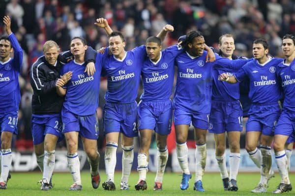 LIVERPOOL, ENGLAND - SATURDAY JANUARY 1st 2005: Chelsea players celebrate their 1-0 victory over Liverpool after the Premiership match at Anfield. L-R: Eidur Gudjohnsen, Frank Lampard, John Terry, Glen Johnson, Didier Drogba, Arjen Robben, Mateja Kezman and Tiago. (Pic by David Rawcliffe/Propaganda)