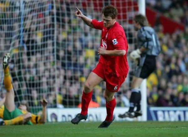 NORWICH, ENGLAND - MONDAY JANUARY 3rd 2005: Liverpool's John Arne Riise celebrates scoring the second goal against Norwich City during the Premiership match at Carrow Road. (Pic by David Rawcliffe/Propaganda)