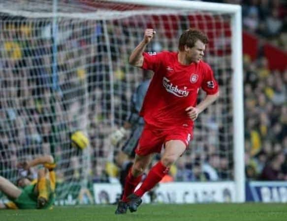 NORWICH, ENGLAND - MONDAY JANUARY 3rd 2005: Liverpool's John Arne Riise celebrates scoring the second goal against Norwich City during the Premiership match at Carrow Road. (Pic by David Rawcliffe/Propaganda)