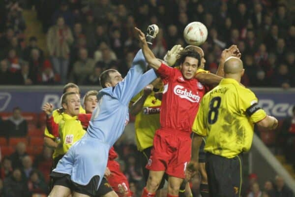 LIVERPOOL, ENGLAND - TUESDAY JANUARY 11th 2005: Liverpool's Luis Garcia and Watford's goalkeeper Paul Jones during the League Cup Semi-Final 1st Leg at Anfield. (Pic by David Rawcliffe/Propaganda)