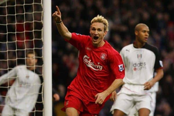 LIVERPOOL, ENGLAND - SATURDAY FEBRUARY 5th 2005: Liverpool's Sami Hyypia celebrates scoring the second goal during the Premiership against Fulham match at Anfield. (Pic by David Rawcliffe/Propaganda)