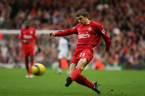 LIVERPOOL, ENGLAND - SATURDAY FEBRUARY 5th 2005: Liverpool's Stephen Warnock in action against Fulham during the Premiership match at Anfield. (Pic by David Rawcliffe/Propaganda)