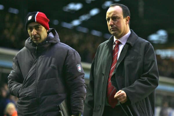 BIRMINGHAM, ENGLAND - SATURDAY FEBRUARY 12th 2005: Liverpool's manager Rafael Benitez walks off the pitch with assistant Pako Ayesteran after his side's 2-0 defeat at the hands of Birmingham City during the Premiership match at St. Andrews (Pic by David Rawcliffe/Propaganda)