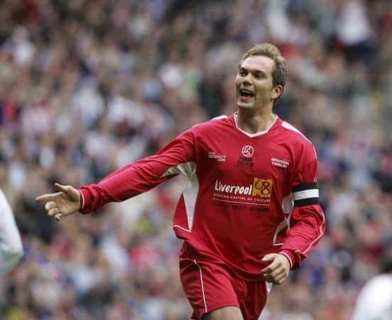 LIVERPOOL, ENGLAND - SUNDAY MARCH 27th 2005: Liverpool Legends' Jason McAteer celebrates opening the scoring against Celebrity XI during the Tsunami Soccer Aid match at Anfield. (Pic by David Rawcliffe/Propaganda)