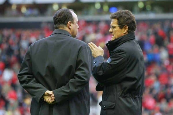 LIVERPOOL, ENGLAND - TUESDAY APRIL 5th 2005:  Liverpool's manager Rafael Benitez and Juventus' coach Fabio Capello during the UEFA Champions League Quarter Final 1st Leg match at Anfield. (Pic by David Rawcliffe/Propaganda)